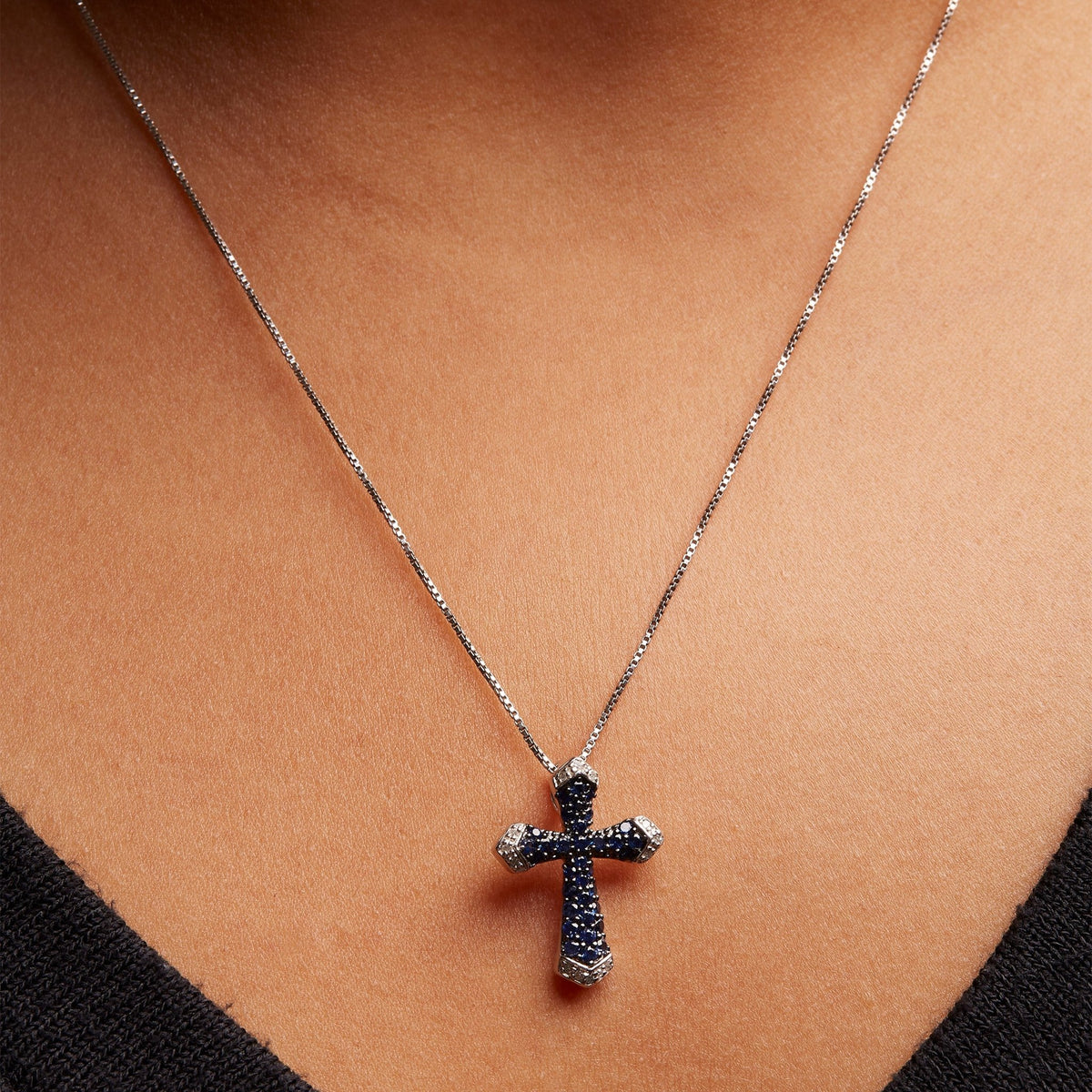 .925 Sterling Silver 3/4 Cttw Created Blue Sapphire and White Diamond Accent Cross Pendant Necklace - 18&quot; Inches - LinkagejewelrydesignLinkagejewelrydesign