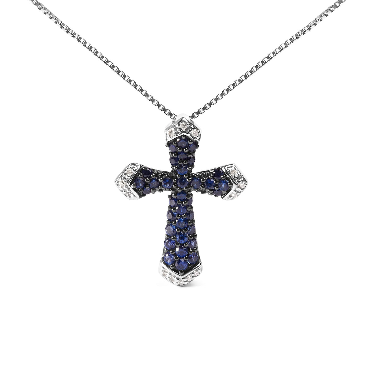 .925 Sterling Silver 3/4 Cttw Created Blue Sapphire and White Diamond Accent Cross Pendant Necklace - 18&quot; Inches - LinkagejewelrydesignLinkagejewelrydesign