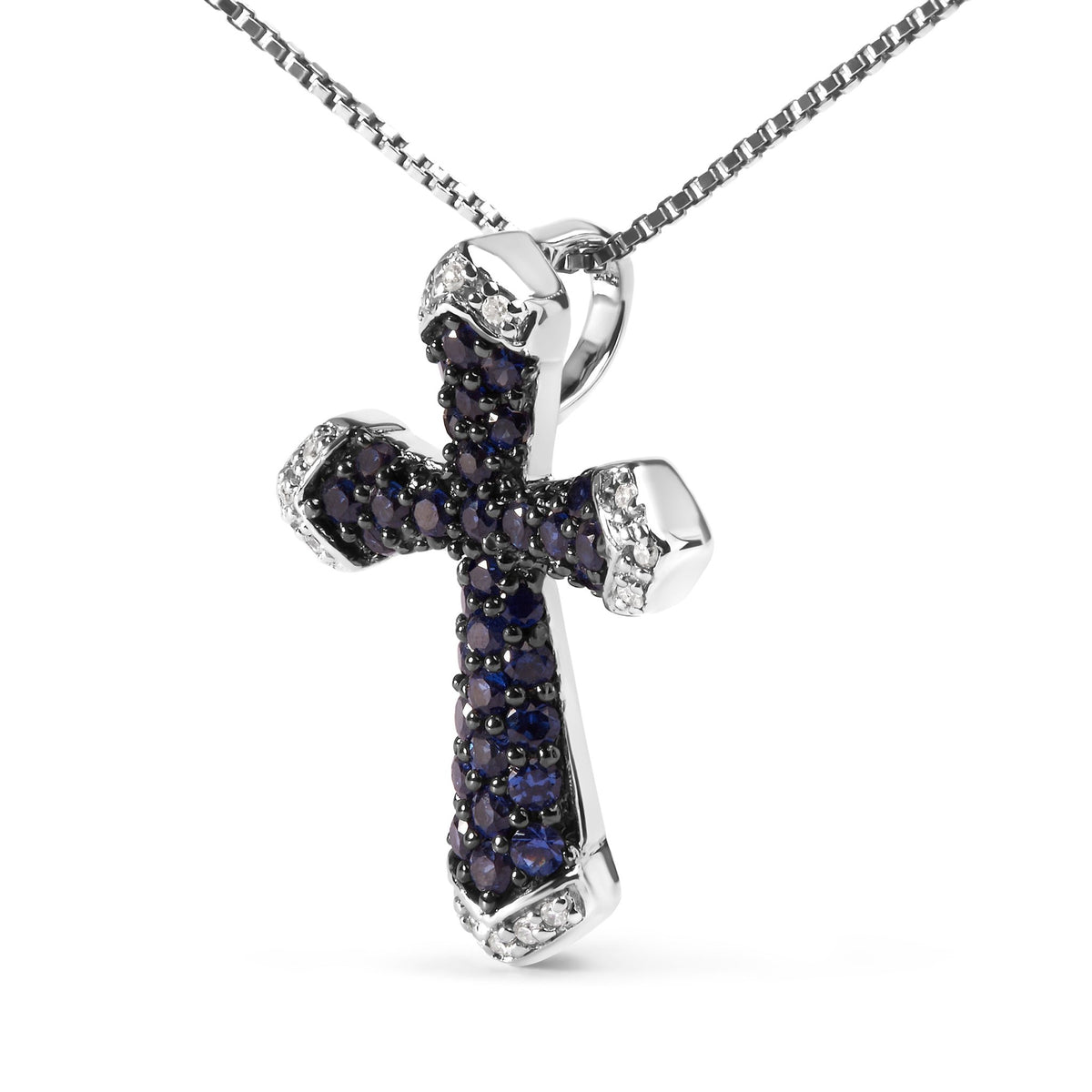 .925 Sterling Silver 3/4 Cttw Created Blue Sapphire and White Diamond Accent Cross Pendant Necklace - 18&quot; Inches - LinkagejewelrydesignLinkagejewelrydesign