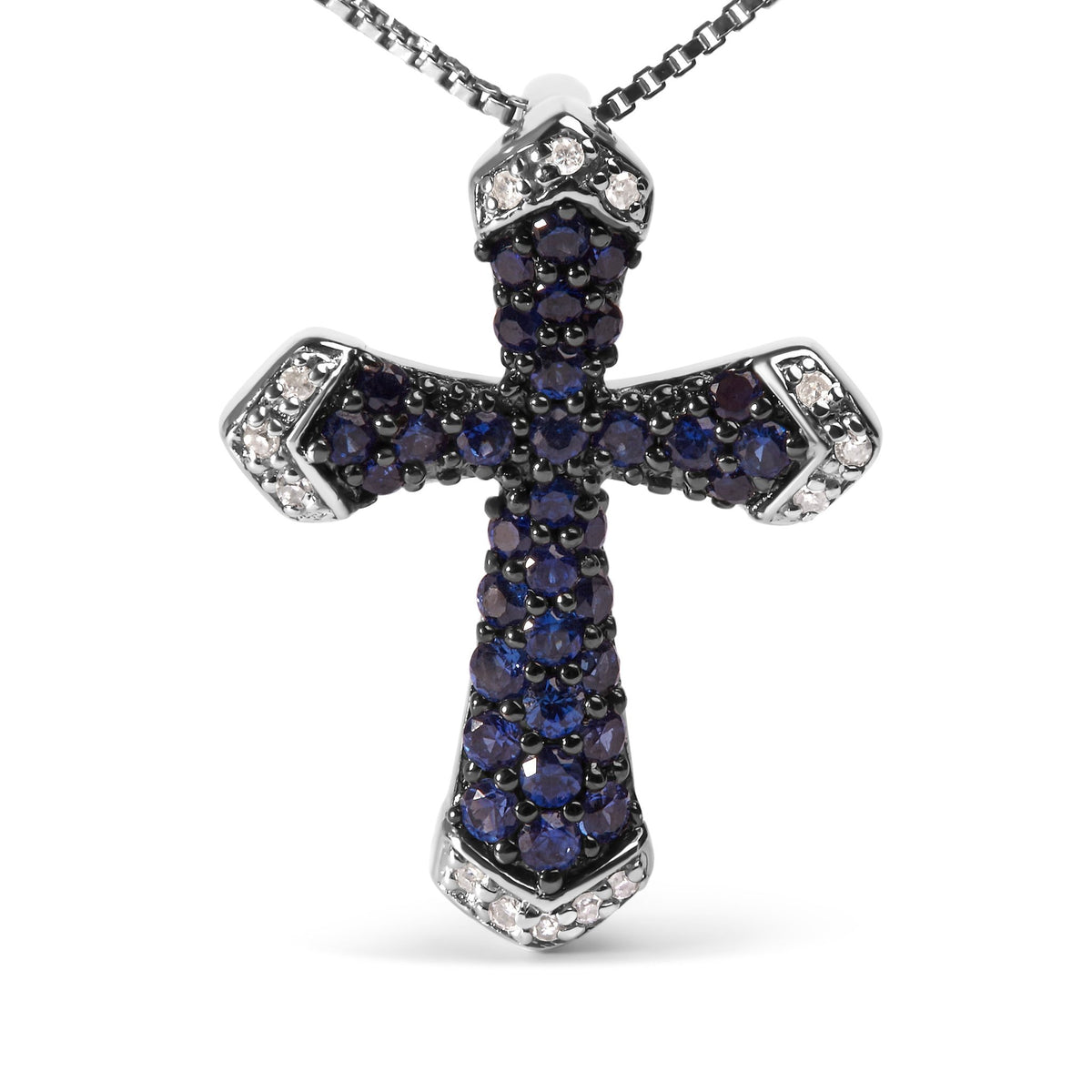 .925 Sterling Silver 3/4 Cttw Created Blue Sapphire and White Diamond Accent Cross Pendant Necklace - 18&quot; Inches - LinkagejewelrydesignLinkagejewelrydesign