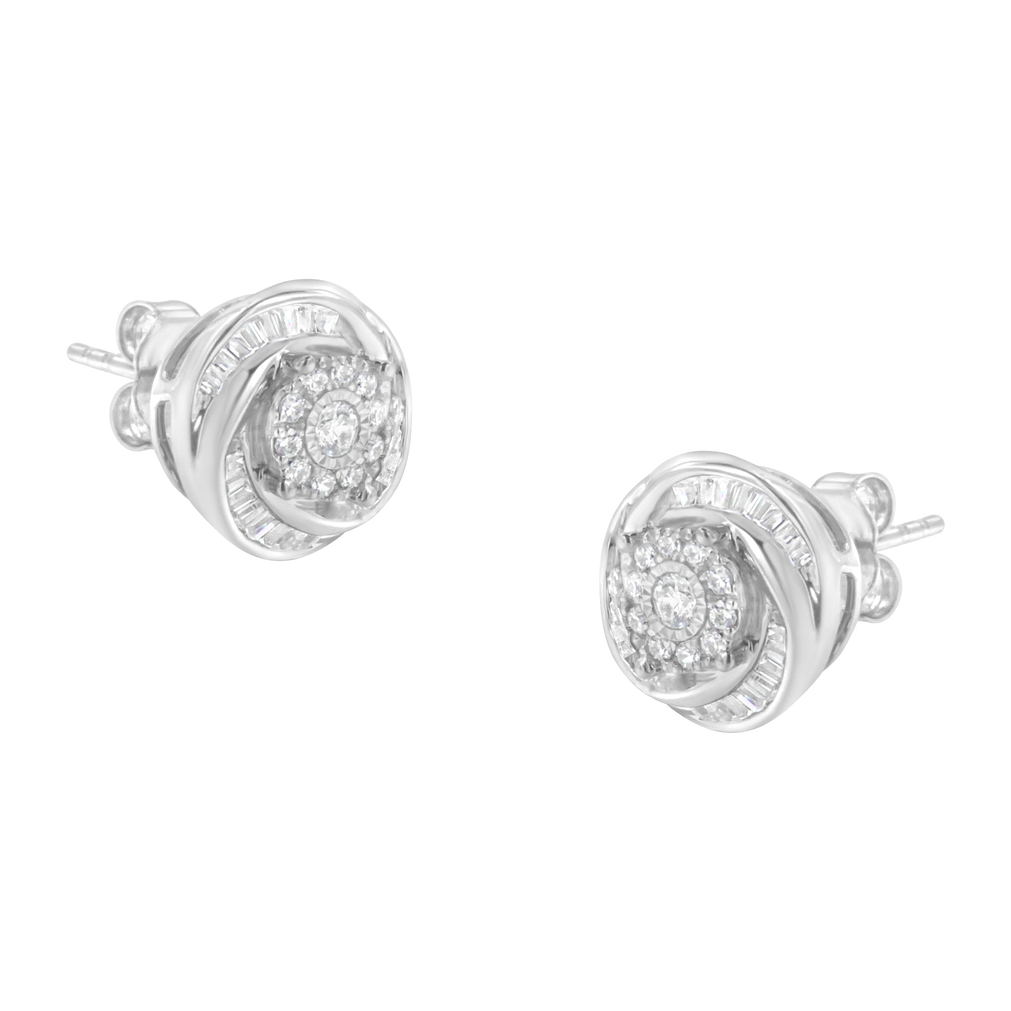 .925 Sterling Silver 3/4 Cttw Round and Baguette - Cut Diamond Love Knot Stud Earring (I - J Color, I2 - I3 Clarity) - LinkagejewelrydesignLinkagejewelrydesign