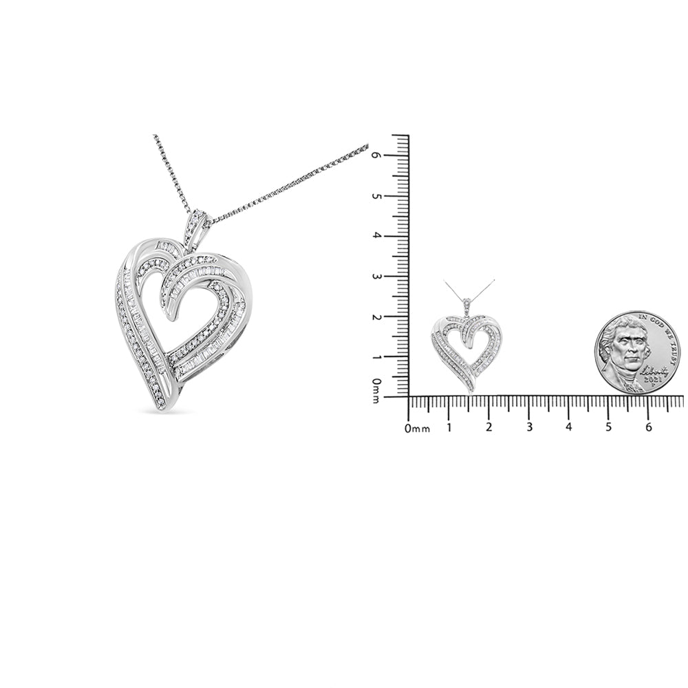 .925 Sterling Silver 3/4 Cttw Round and Baguette-Cut Diamond Open Heart 18&quot; Pendant Necklace (I-J Color, I2-I3 Clarity) - LinkagejewelrydesignLinkagejewelrydesign