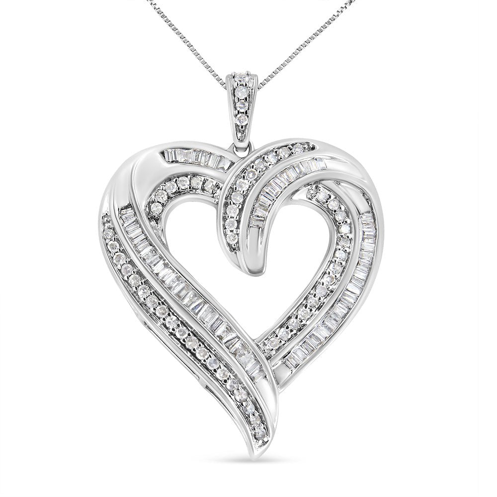 .925 Sterling Silver 3/4 Cttw Round and Baguette-Cut Diamond Open Heart 18&quot; Pendant Necklace (I-J Color, I2-I3 Clarity) - LinkagejewelrydesignLinkagejewelrydesign