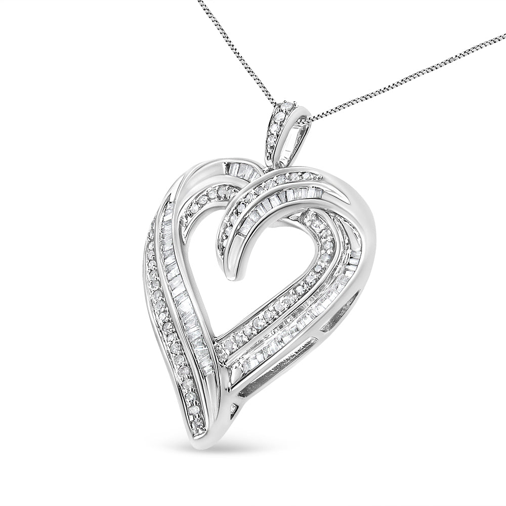 .925 Sterling Silver 3/4 Cttw Round and Baguette-Cut Diamond Open Heart 18&quot; Pendant Necklace (I-J Color, I2-I3 Clarity) - LinkagejewelrydesignLinkagejewelrydesign