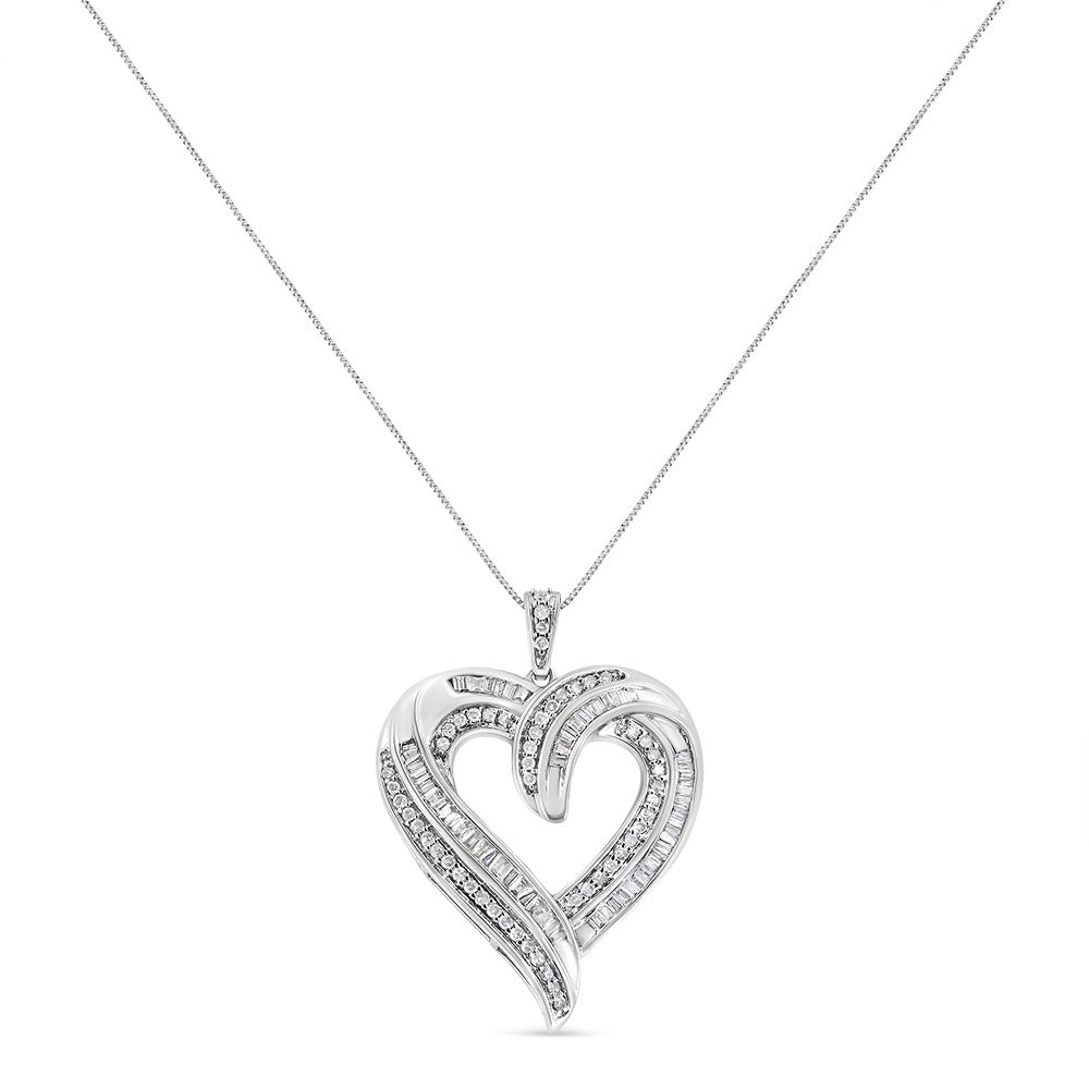.925 Sterling Silver 3/4 Cttw Round and Baguette-Cut Diamond Open Heart 18" Pendant Necklace (I-J Color, I2-I3 Clarity) - LinkagejewelrydesignLinkagejewelrydesign
