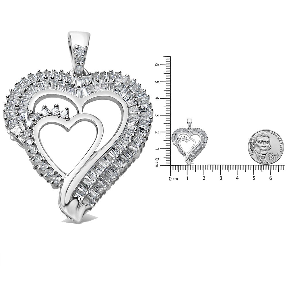 .925 Sterling Silver 3/4 Cttw Round and Baguette Diamond Double Heart Pendant 18&quot; Necklace (I-J Color, I3 Clarity) - LinkagejewelrydesignLinkagejewelrydesign