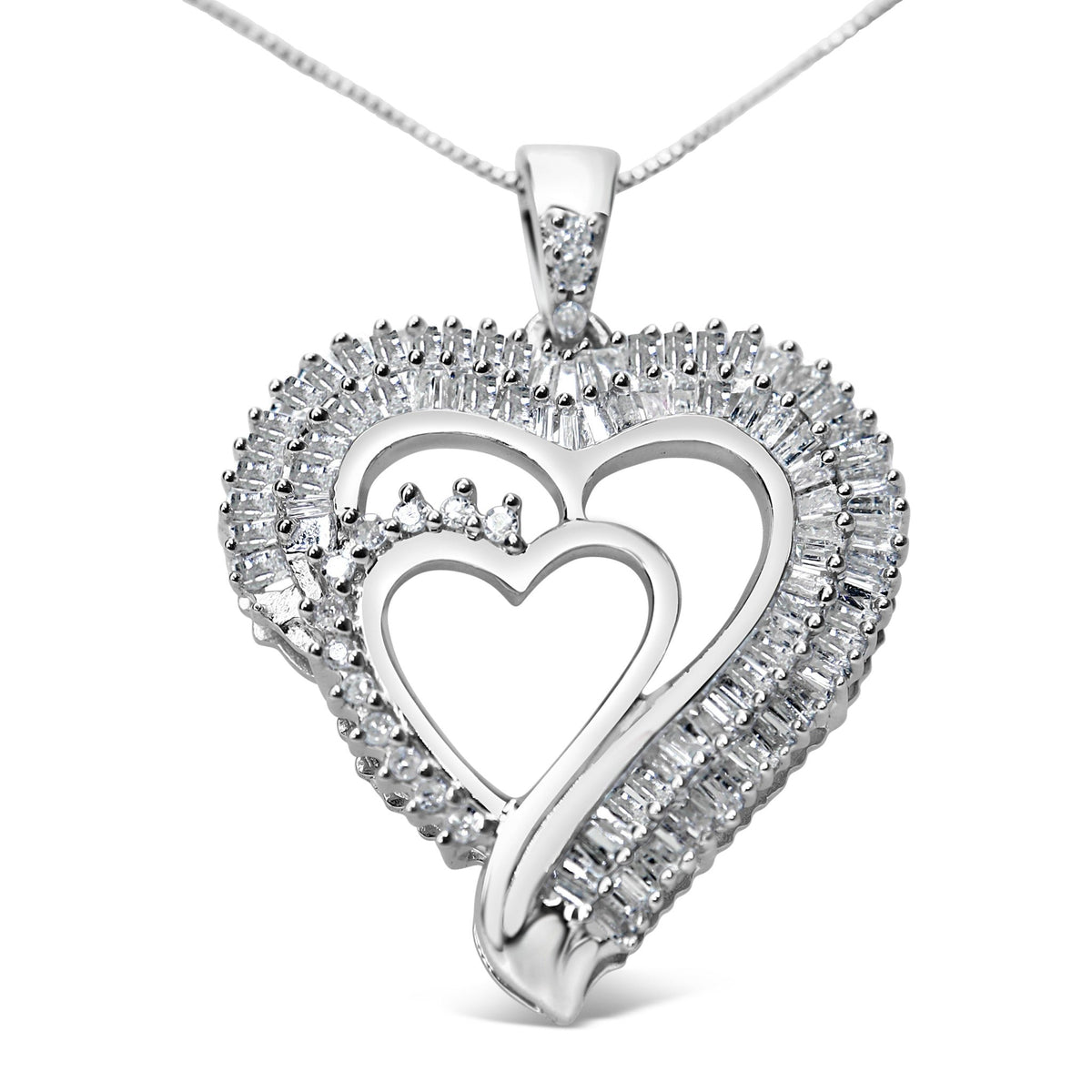 .925 Sterling Silver 3/4 Cttw Round and Baguette Diamond Double Heart Pendant 18&quot; Necklace (I-J Color, I3 Clarity) - LinkagejewelrydesignLinkagejewelrydesign