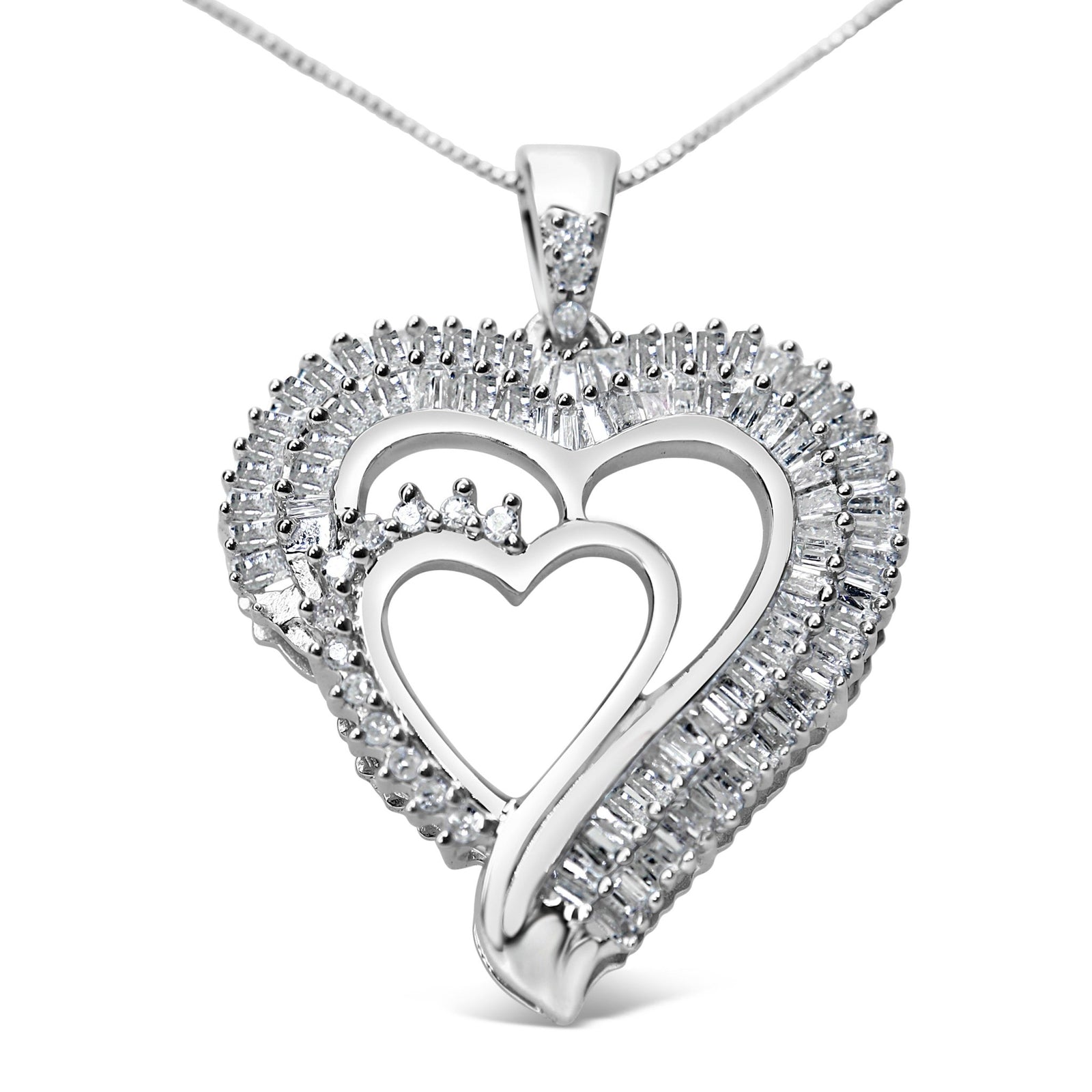 .925 Sterling Silver 3/4 Cttw Round and Baguette Diamond Double Heart Pendant 18" Necklace (I-J Color, I3 Clarity) - LinkagejewelrydesignLinkagejewelrydesign
