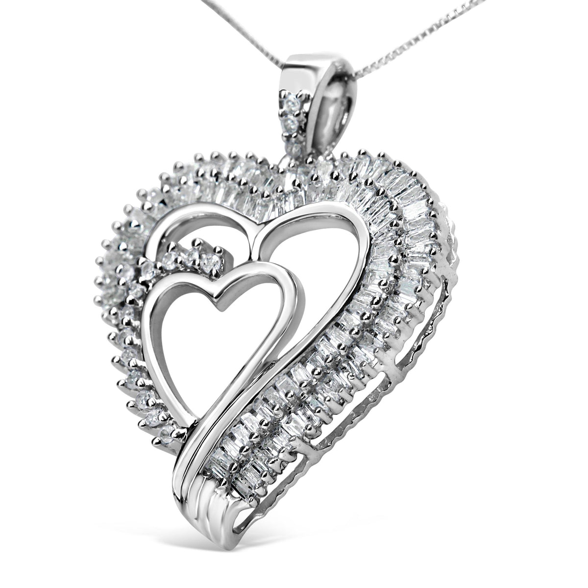 .925 Sterling Silver 3/4 Cttw Round and Baguette Diamond Double Heart Pendant 18&quot; Necklace (I-J Color, I3 Clarity) - LinkagejewelrydesignLinkagejewelrydesign