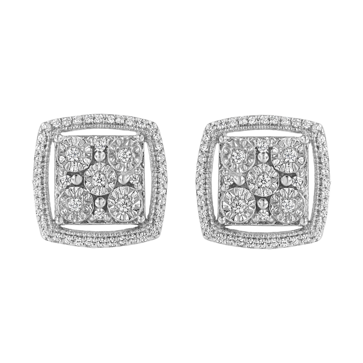 .925 Sterling Silver 3/8 Cttw Miracle Set Round Diamond Double Halo Cluster Earrings (I-J Color, I2-I3 Clarity) - LinkagejewelrydesignLinkagejewelrydesign