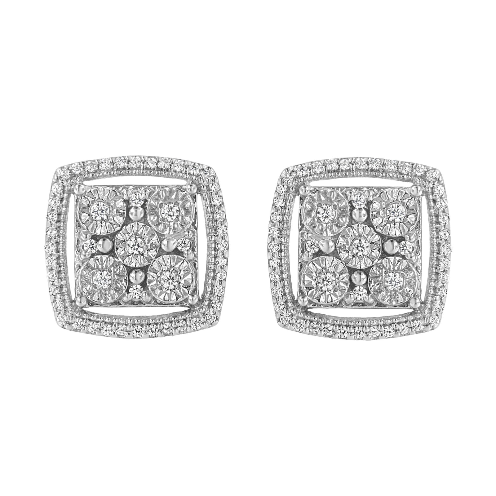 .925 Sterling Silver 3/8 Cttw Miracle Set Round Diamond Double Halo Cluster Earrings (I-J Color, I2-I3 Clarity) - LinkagejewelrydesignLinkagejewelrydesign
