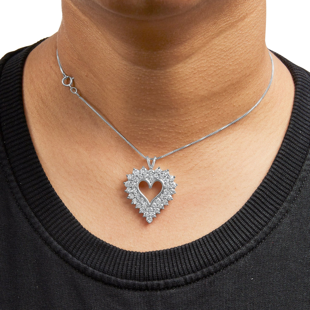 925 Sterling Silver 4.0 Cttw Diamond Two Row Open Heart 18&quot; Pendant Necklace (I-J Color, I2-I3 Clarity) - LinkagejewelrydesignLinkagejewelrydesign