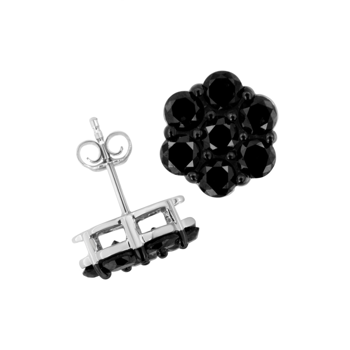 .925 Sterling Silver 4.0 Cttw Prong Set Round-Cut Treated Black Diamond Floral Cluster Stud Earring (Fancy Black Color, I1-I2 Clarity) - LinkagejewelrydesignLinkagejewelrydesign