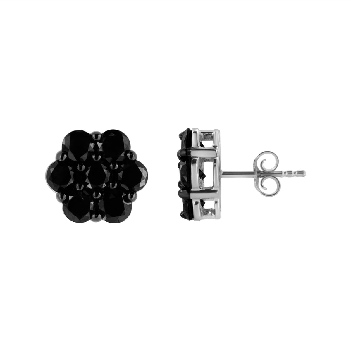 .925 Sterling Silver 4.0 Cttw Prong Set Round-Cut Treated Black Diamond Floral Cluster Stud Earring (Fancy Black Color, I1-I2 Clarity) - LinkagejewelrydesignLinkagejewelrydesign
