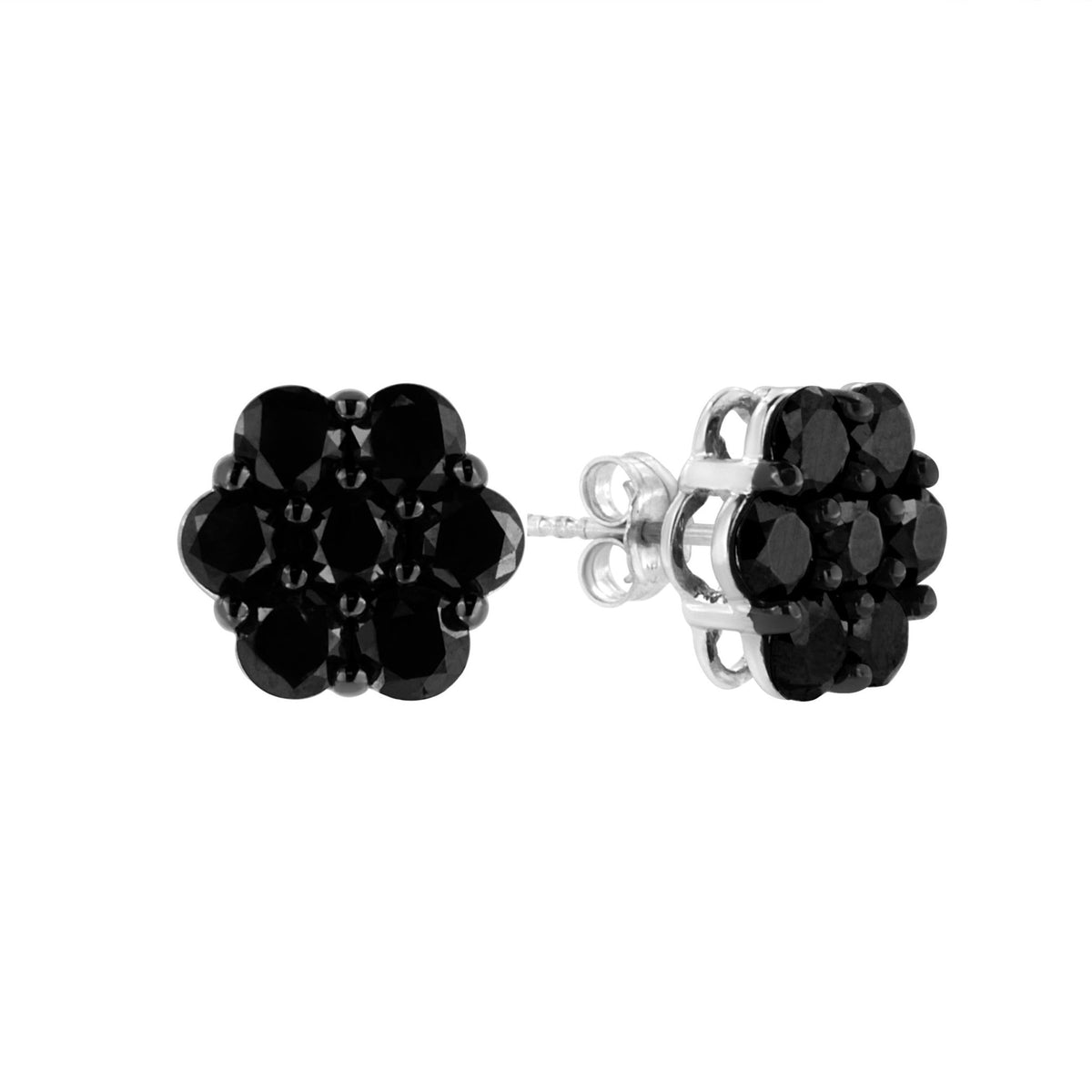 .925 Sterling Silver 4.0 Cttw Prong Set Round-Cut Treated Black Diamond Floral Cluster Stud Earring (Fancy Black Color, I1-I2 Clarity) - LinkagejewelrydesignLinkagejewelrydesign