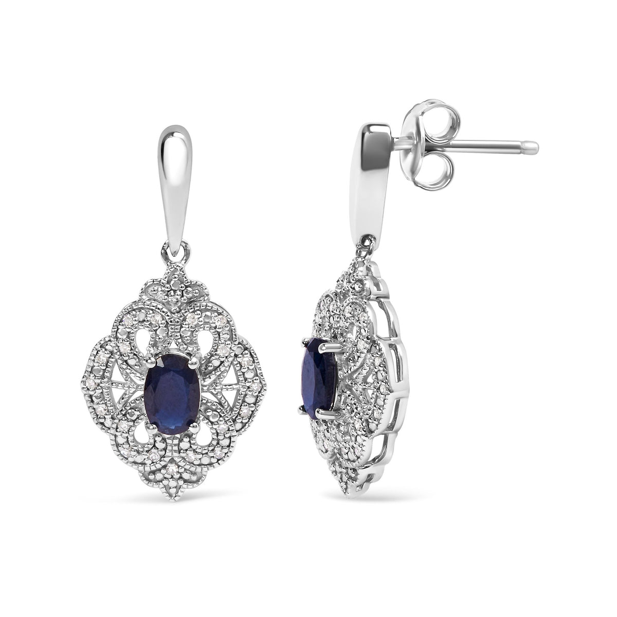 .925 Sterling Silver 6x4 MM Oval Blue Sapphire and White Diamond Accent Art Deco Style Shield Dangle Earring (I-J Color, I3 Clarity) - LinkagejewelrydesignLinkagejewelrydesign