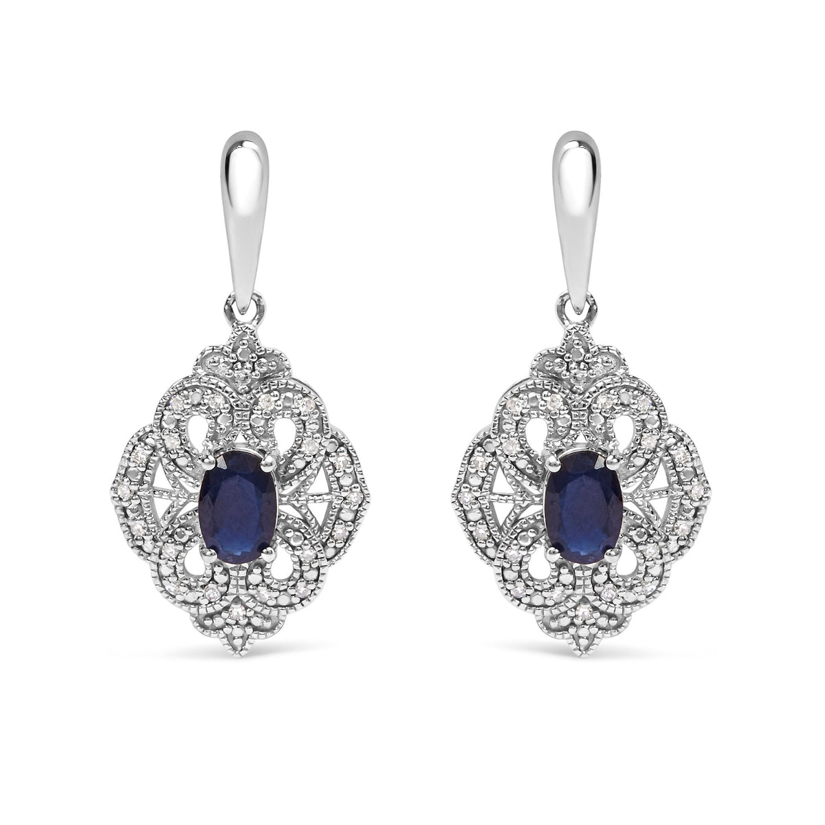 .925 Sterling Silver 6x4 MM Oval Blue Sapphire and White Diamond Accent Art Deco Style Shield Dangle Earring (I-J Color, I3 Clarity) - LinkagejewelrydesignLinkagejewelrydesign