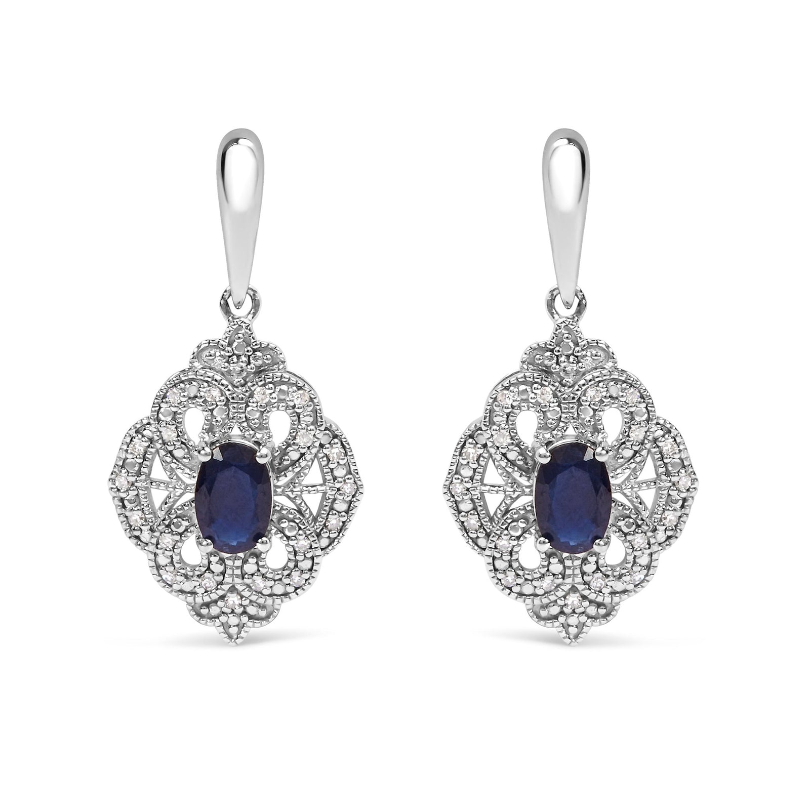 .925 Sterling Silver 6x4 MM Oval Blue Sapphire and White Diamond Accent Art Deco Style Shield Dangle Earring (I-J Color, I3 Clarity) - LinkagejewelrydesignLinkagejewelrydesign