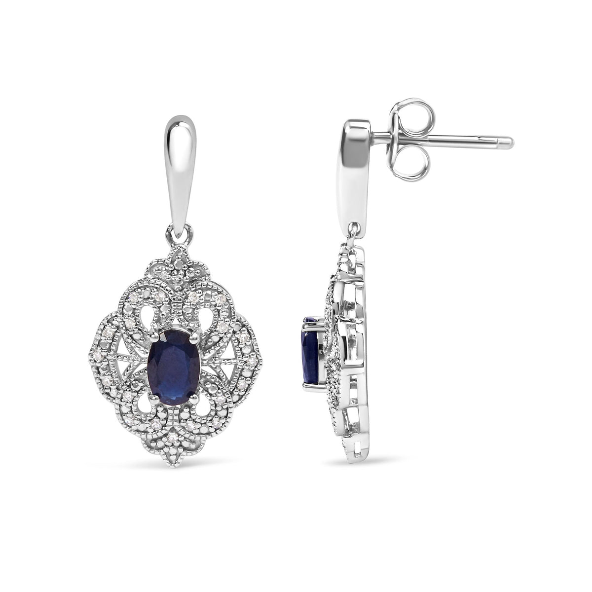 .925 Sterling Silver 6x4 MM Oval Blue Sapphire and White Diamond Accent Art Deco Style Shield Dangle Earring (I-J Color, I3 Clarity) - LinkagejewelrydesignLinkagejewelrydesign