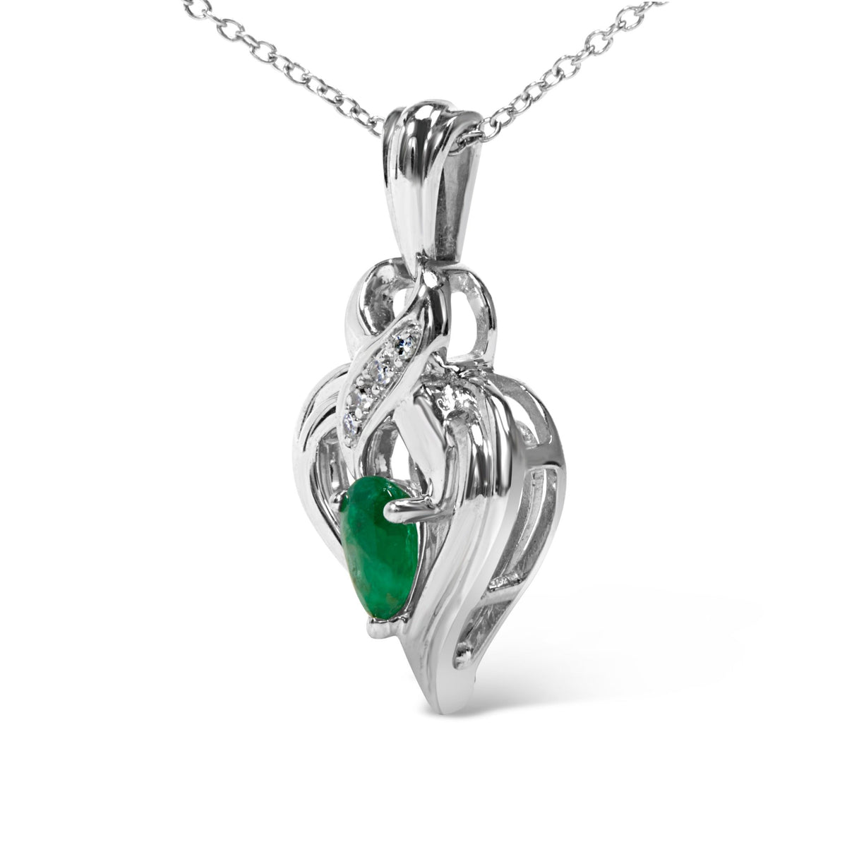 .925 Sterling Silver 6x4mm Pear Emerald and Diamond Accent Heart Pendant Necklace (H-I Color, SI1-SI2 Clarity) - 18 Inches - LinkagejewelrydesignLinkagejewelrydesign