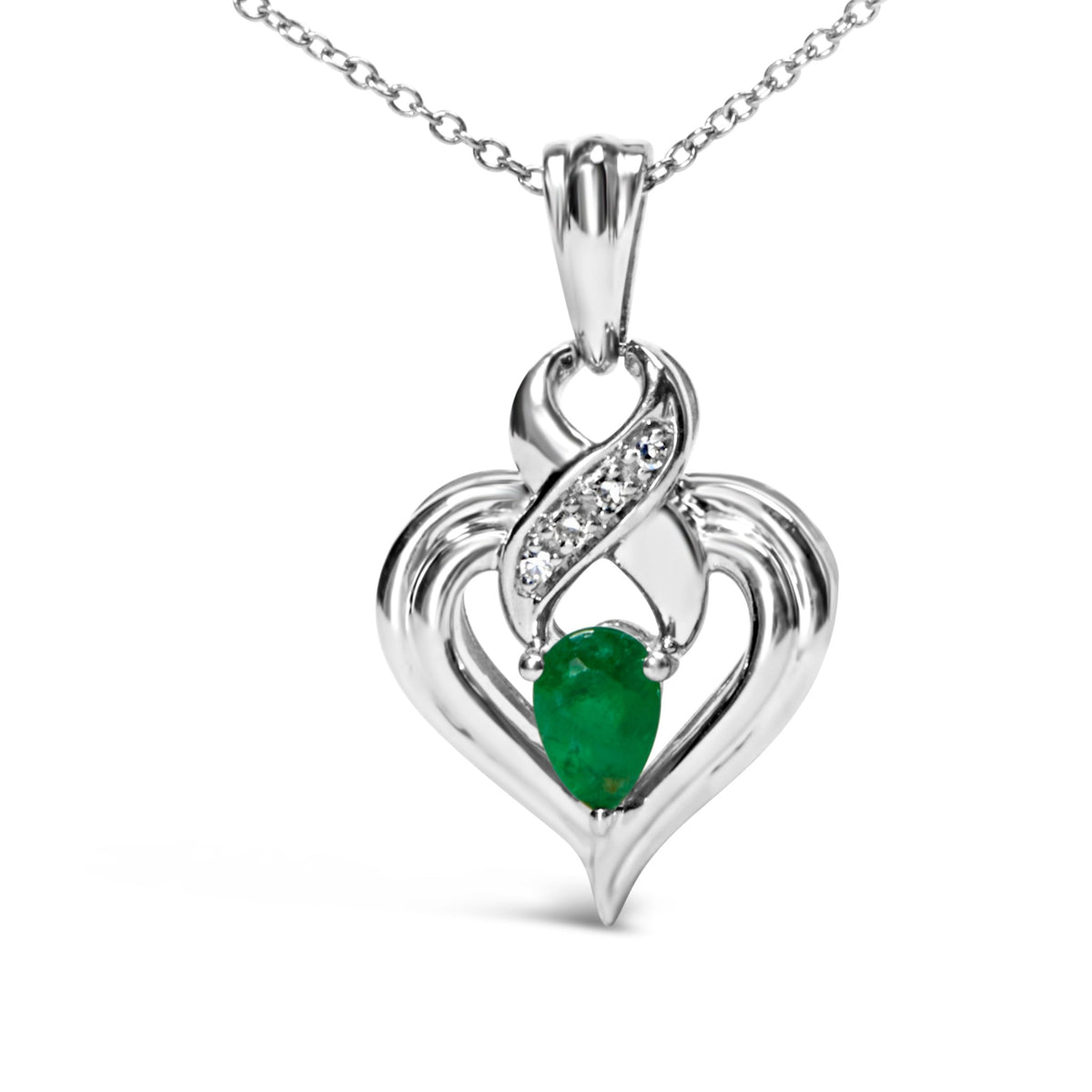 .925 Sterling Silver 6x4mm Pear Emerald and Diamond Accent Heart Pendant Necklace (H-I Color, SI1-SI2 Clarity) - 18 Inches - LinkagejewelrydesignLinkagejewelrydesign