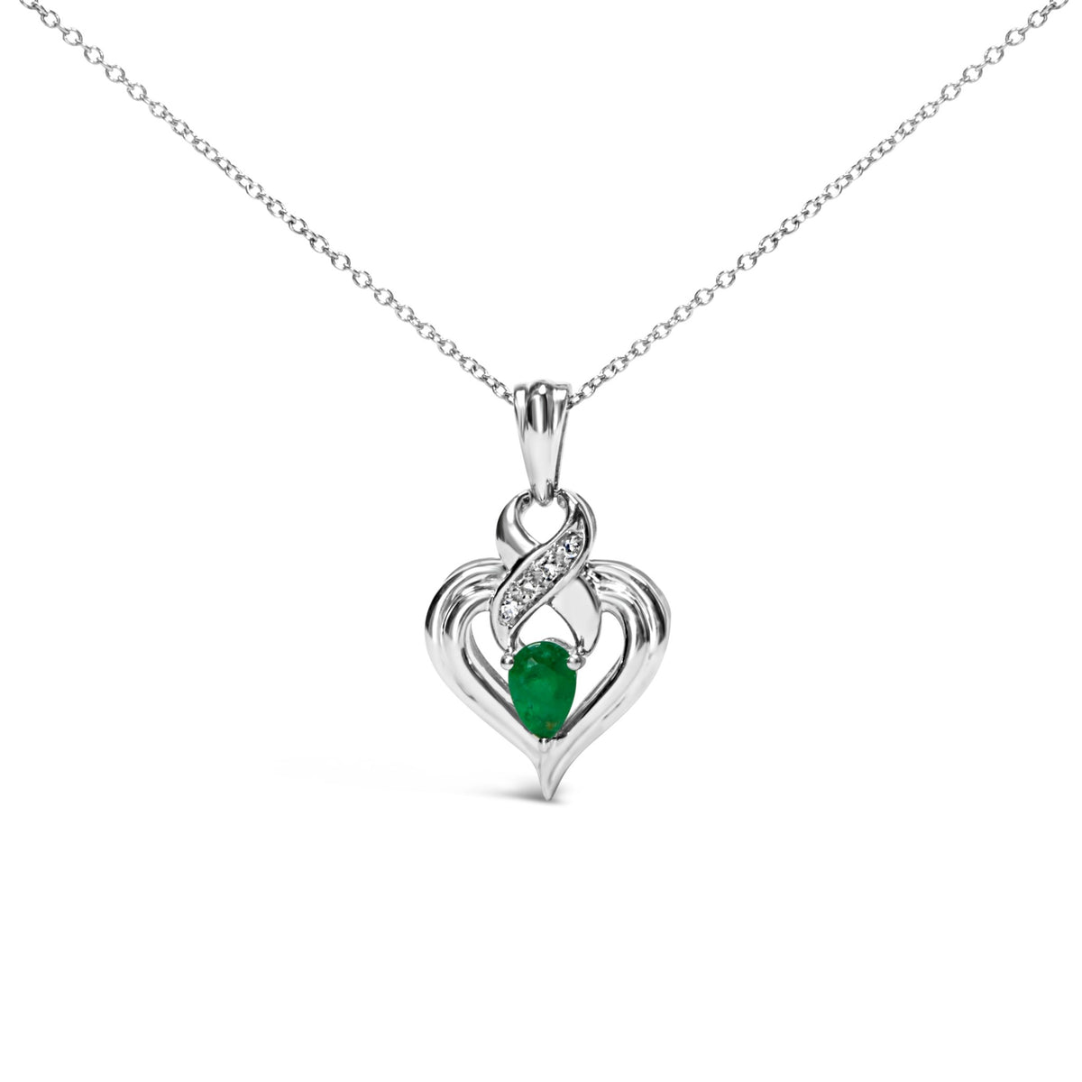 .925 Sterling Silver 6x4mm Pear Emerald and Diamond Accent Heart Pendant Necklace (H-I Color, SI1-SI2 Clarity) - 18 Inches - LinkagejewelrydesignLinkagejewelrydesign