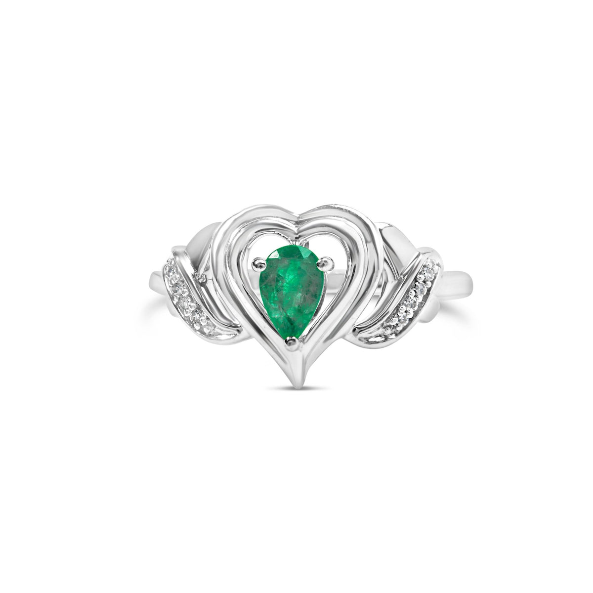 .925 Sterling Silver 6x4mm Pear Emerald Gemstone with Diamond Accent Heart Promise Ring (H-I Color, SI1-SI2 Clarity) - Size 7 - LinkagejewelrydesignLinkagejewelrydesign