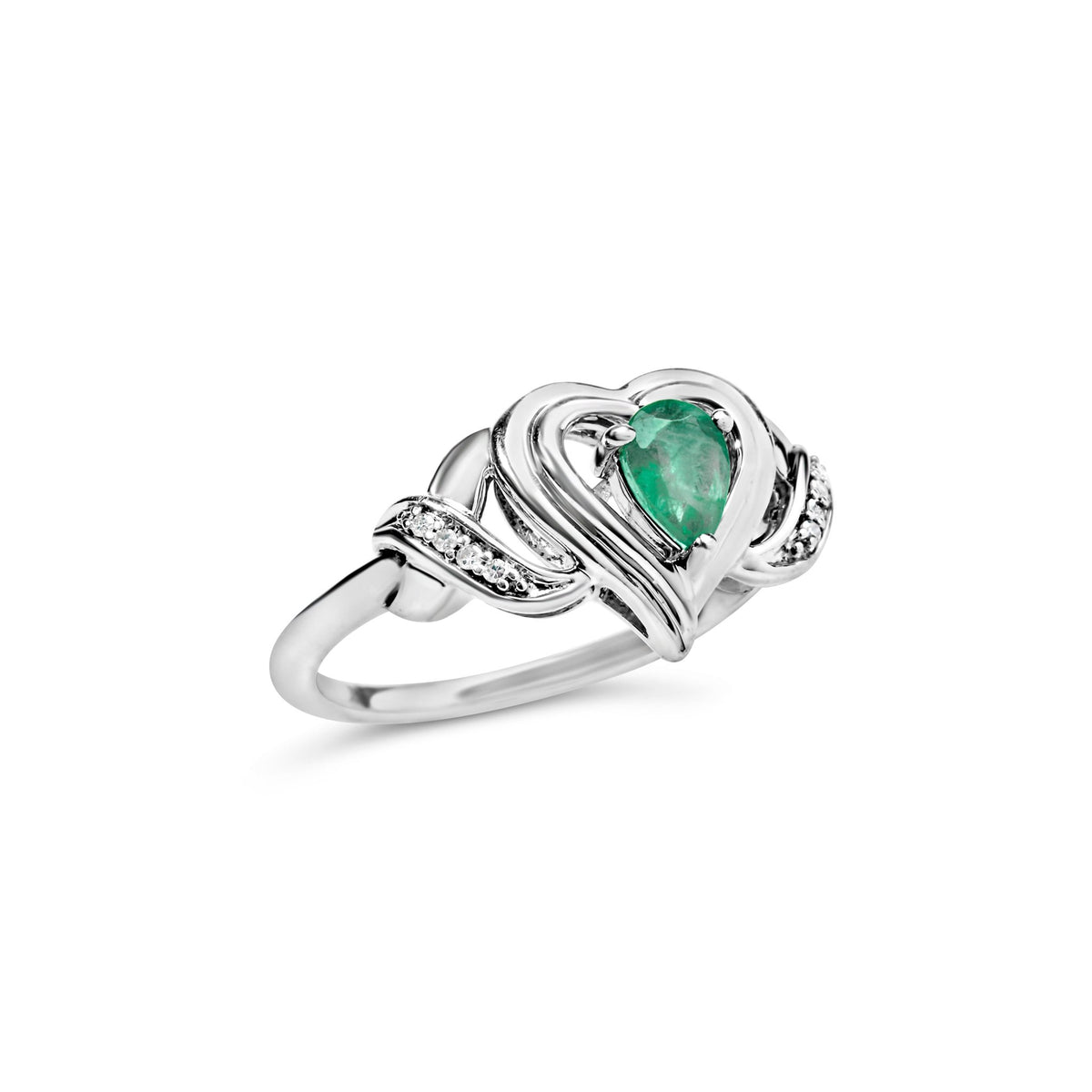 .925 Sterling Silver 6x4mm Pear Emerald Gemstone with Diamond Accent Heart Promise Ring (H-I Color, SI1-SI2 Clarity) - Size 7 - LinkagejewelrydesignLinkagejewelrydesign