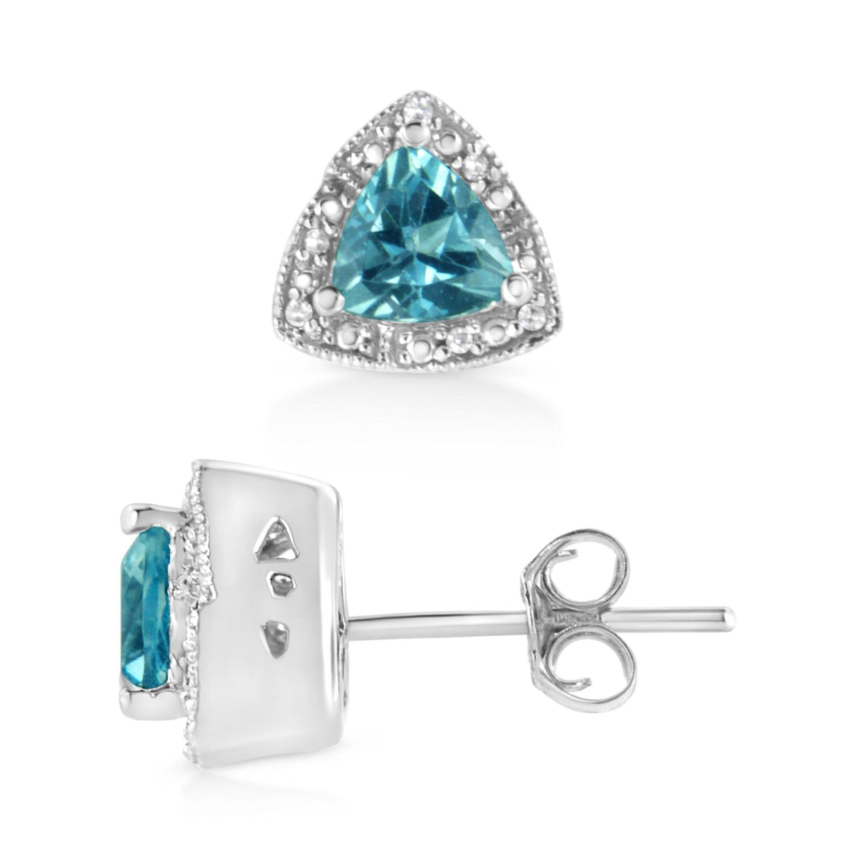 .925 Sterling Silver 6x6 mm Trillion Cut Blue Topaz Gemstone and Diamond Accent Stud Earring (I-J Color, I1-I2 Clarity) - LinkagejewelrydesignLinkagejewelrydesign