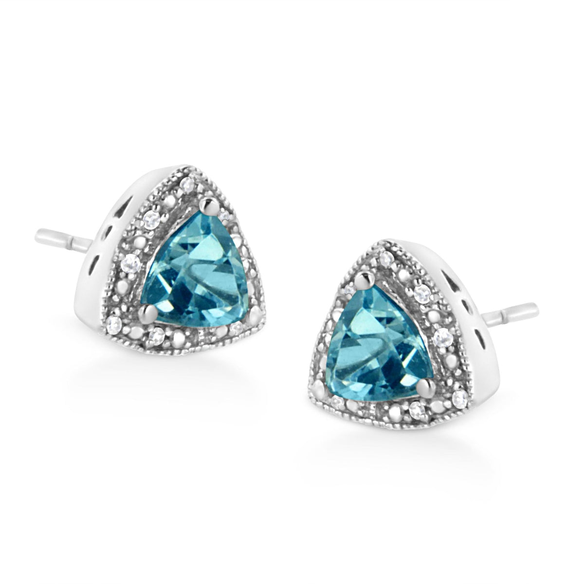 .925 Sterling Silver 6x6 mm Trillion Cut Blue Topaz Gemstone and Diamond Accent Stud Earring (I-J Color, I1-I2 Clarity) - LinkagejewelrydesignLinkagejewelrydesign