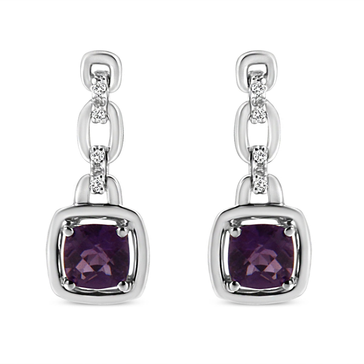 .925 Sterling Silver 6x6MM Cushion Shaped Natural Purple Amethyst and Diamond Accent Drop and Dangle Earrings (I-J Color, I1-I2 Clarity) - LinkagejewelrydesignLinkagejewelrydesign