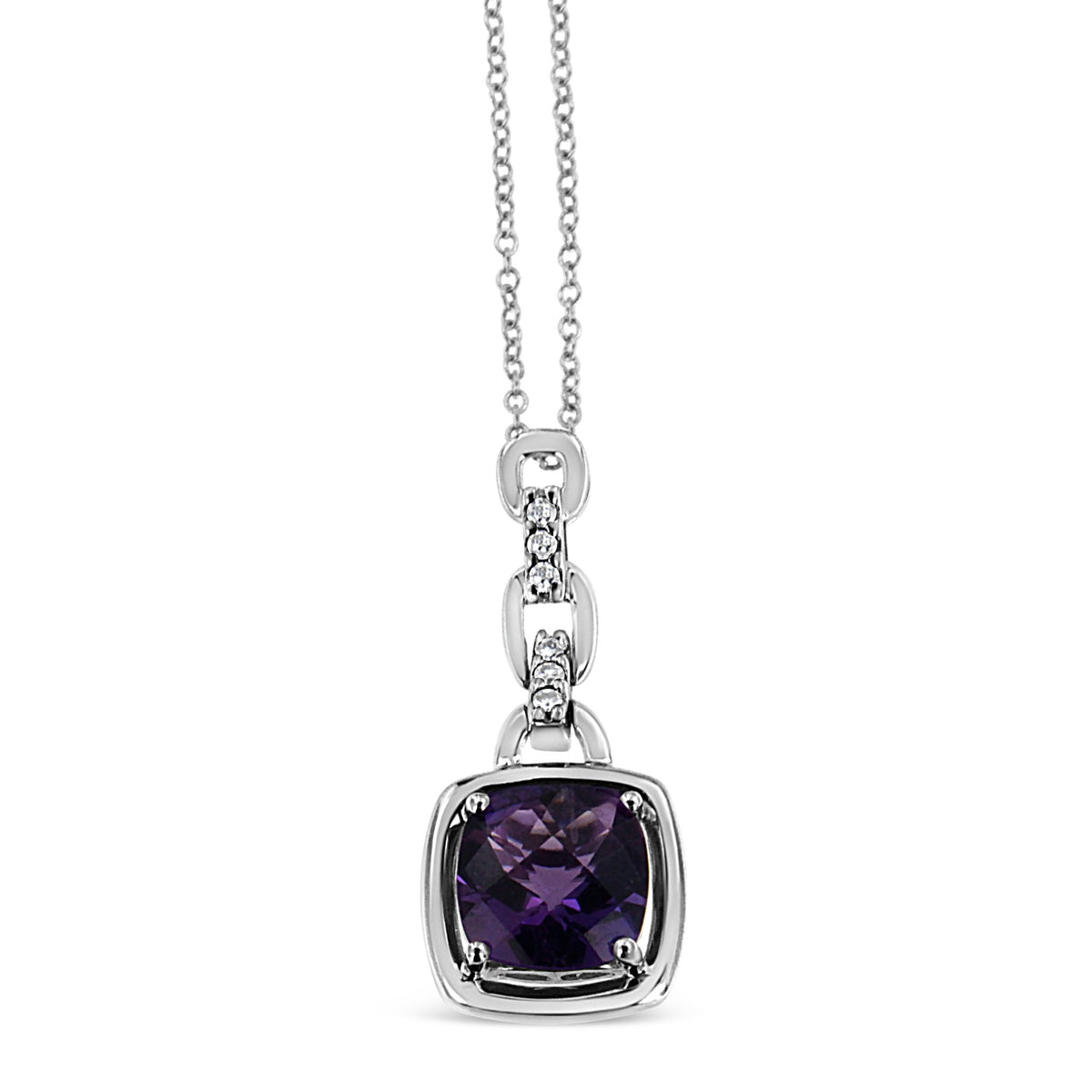 .925 Sterling Silver 6x6MM Cushion Shaped Natural Purple Amethyst and Diamond Accented Bale 18&quot; Inch Pendant Necklace (I-J Color, I1-I2 Clarity) - LinkagejewelrydesignLinkagejewelrydesign