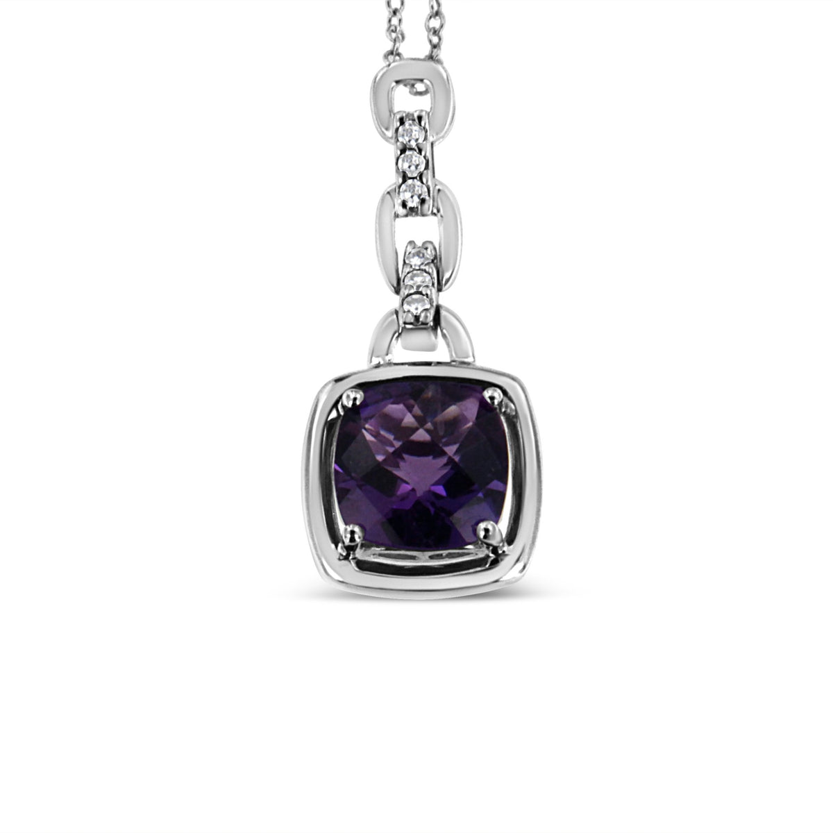 .925 Sterling Silver 6x6MM Cushion Shaped Natural Purple Amethyst and Diamond Accented Bale 18&quot; Inch Pendant Necklace (I-J Color, I1-I2 Clarity) - LinkagejewelrydesignLinkagejewelrydesign