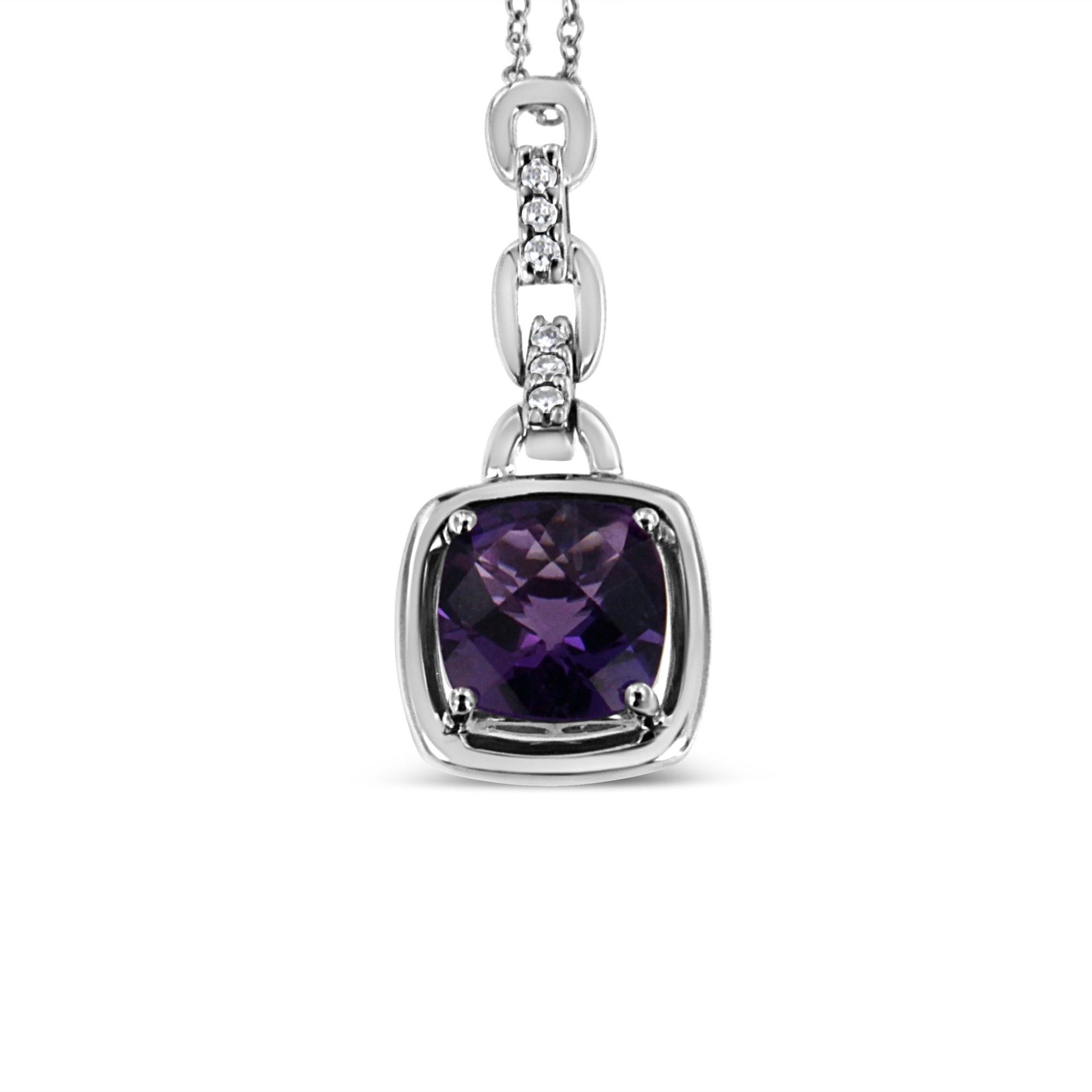 .925 Sterling Silver 6x6MM Cushion Shaped Natural Purple Amethyst and Diamond Accented Bale 18" Inch Pendant Necklace (I-J Color, I1-I2 Clarity) - LinkagejewelrydesignLinkagejewelrydesign