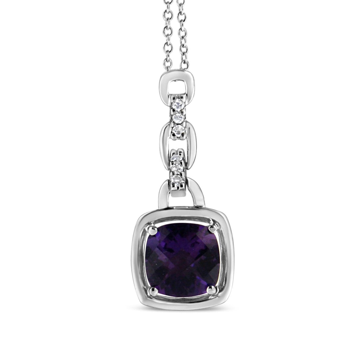 .925 Sterling Silver 6x6MM Cushion Shaped Natural Purple Amethyst and Diamond Accented Bale 18&quot; Inch Pendant Necklace (I-J Color, I1-I2 Clarity) - LinkagejewelrydesignLinkagejewelrydesign