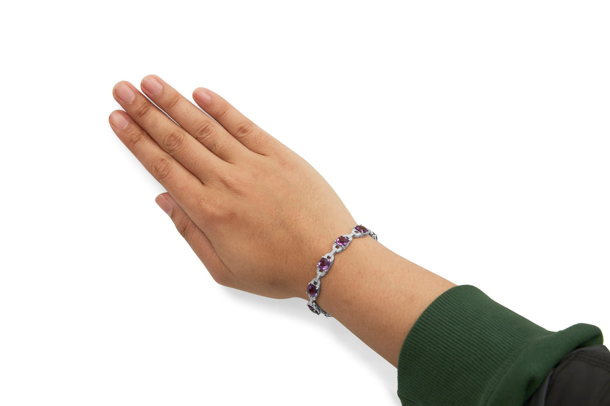 .925 Sterling Silver 7mm Cushion Cut Amethyst Gemstone and Diamond Tennis Link Bracelet (I-J Color, I1-I2 Clarity) - Size 7&quot; - LinkagejewelrydesignLinkagejewelrydesign