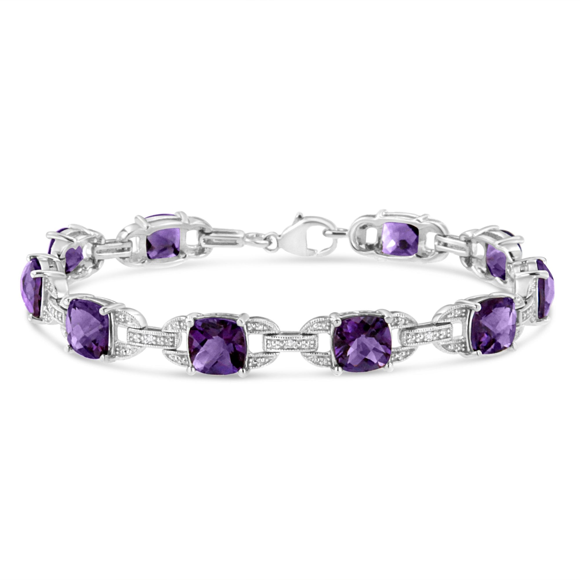 .925 Sterling Silver 7mm Cushion Cut Amethyst Gemstone and Diamond Tennis Link Bracelet (I-J Color, I1-I2 Clarity) - Size 7" - LinkagejewelrydesignLinkagejewelrydesign