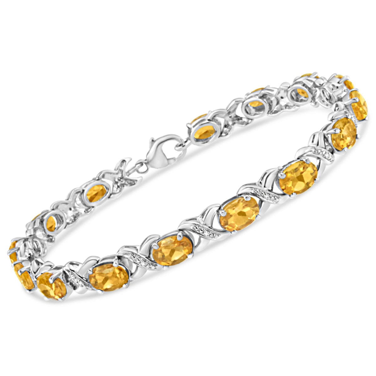 .925 Sterling Silver 7x5 mm Oval Cut Orange Citrine and 1/20 cttw Round Cut Diamond Fashion Tennis Bracelet (I-J Color, I1-I2 Clarity) - 7&quot; - LinkagejewelrydesignLinkagejewelrydesign