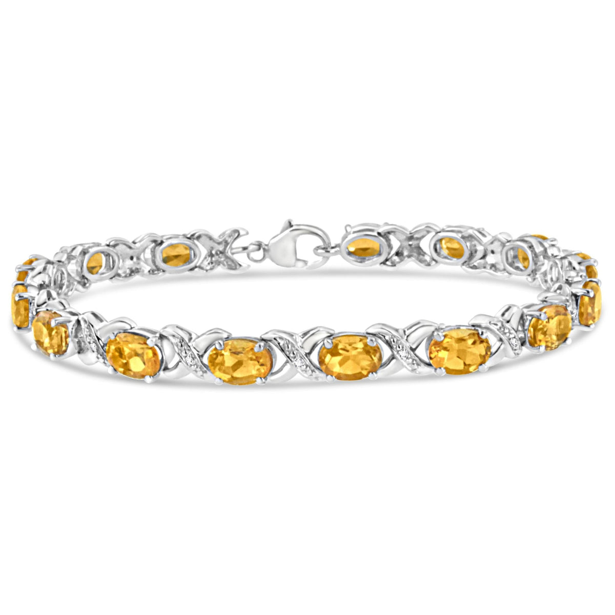 .925 Sterling Silver 7x5 mm Oval Cut Orange Citrine and 1/20 cttw Round Cut Diamond Fashion Tennis Bracelet (I-J Color, I1-I2 Clarity) - 7&quot; - LinkagejewelrydesignLinkagejewelrydesign