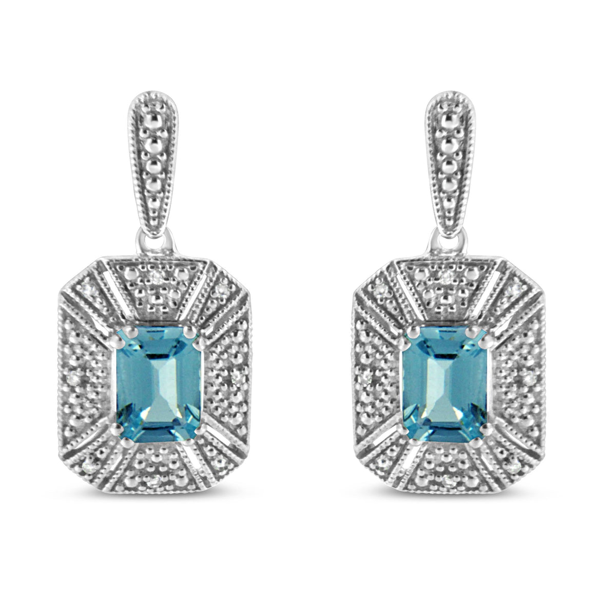 .925 Sterling Silver 7x5MM Emerald Shape Blue Topaz and Diamond Accent Art Deco Halo Style Drop and Dangle Earrings (I-J Color, I1-I2 Clarity) - LinkagejewelrydesignLinkagejewelrydesign