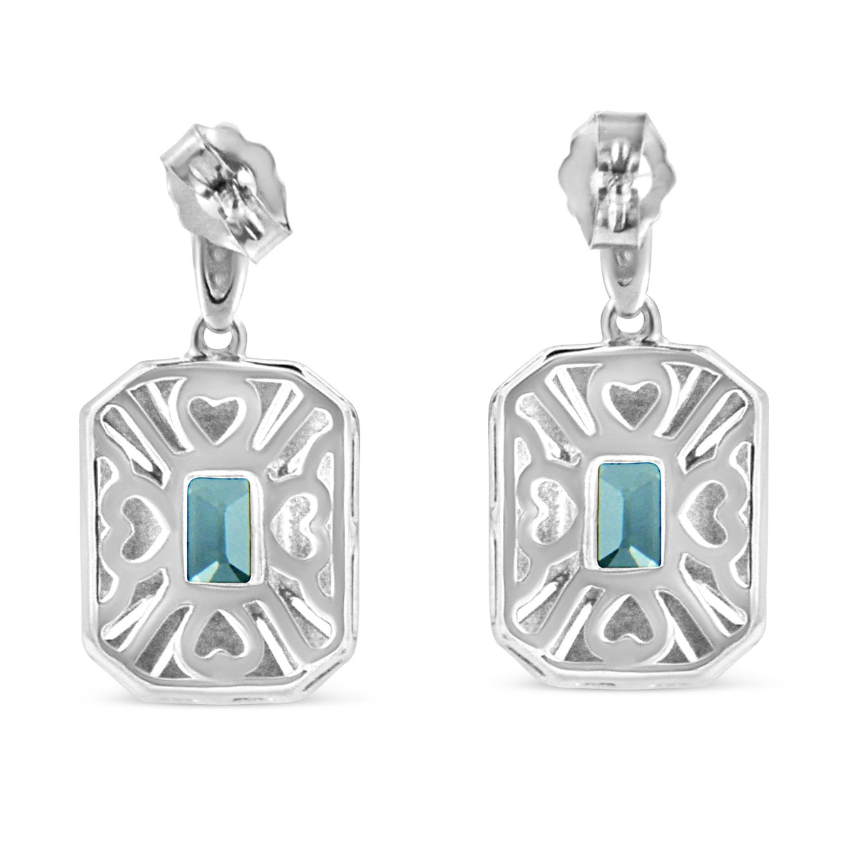 .925 Sterling Silver 7x5MM Emerald Shape Blue Topaz and Diamond Accent Art Deco Halo Style Drop and Dangle Earrings (I-J Color, I1-I2 Clarity) - LinkagejewelrydesignLinkagejewelrydesign