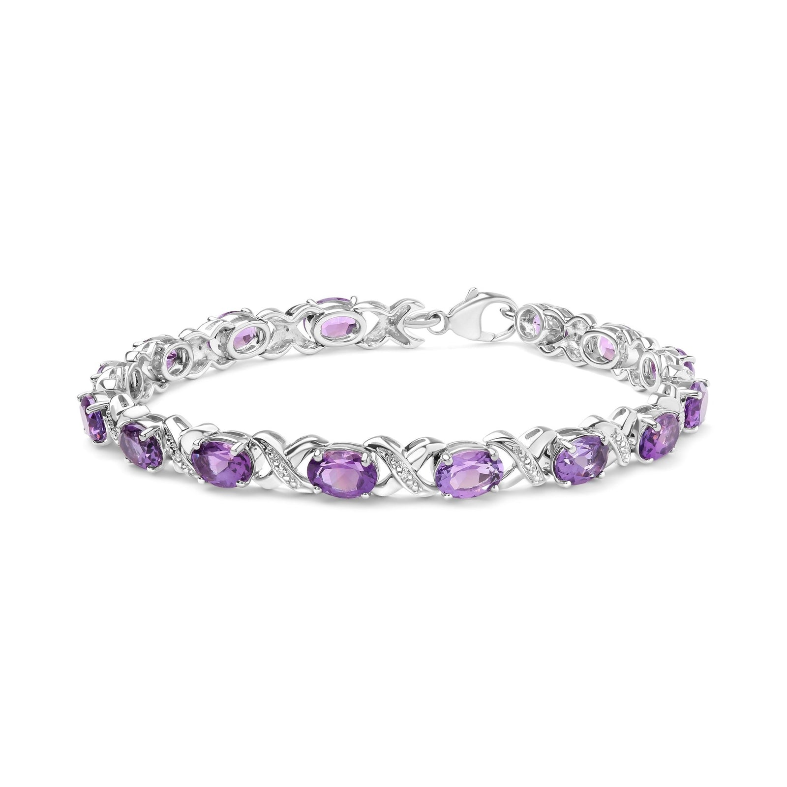 .925 Sterling Silver 7x5mm Oval Amethyst and Diamond Accent X-Link Bracelet (H-I Color, SI1-SI2 Clarity) - Size 7" - LinkagejewelrydesignLinkagejewelrydesign