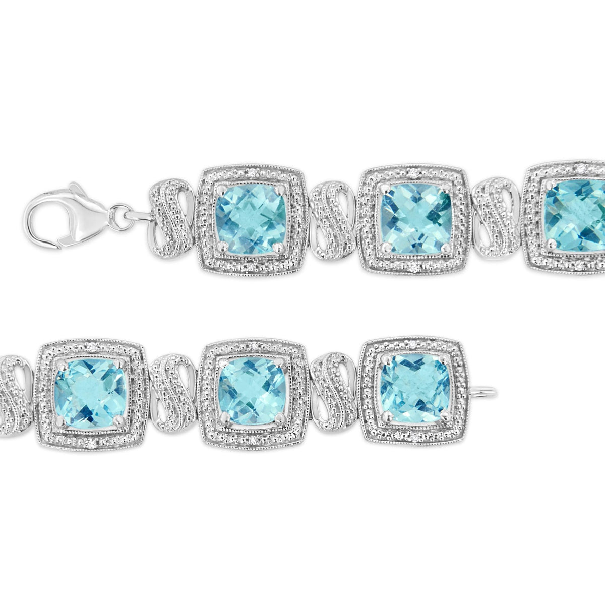 .925 Sterling Silver 7x7 mm Cushion Cut Blue Topaz and 1/10 Ctw Single Cut Diamond Square Shape Tennis Bracelet (I-J Color, I1-I2 Clarity) - 7&quot; - LinkagejewelrydesignLinkagejewelrydesign
