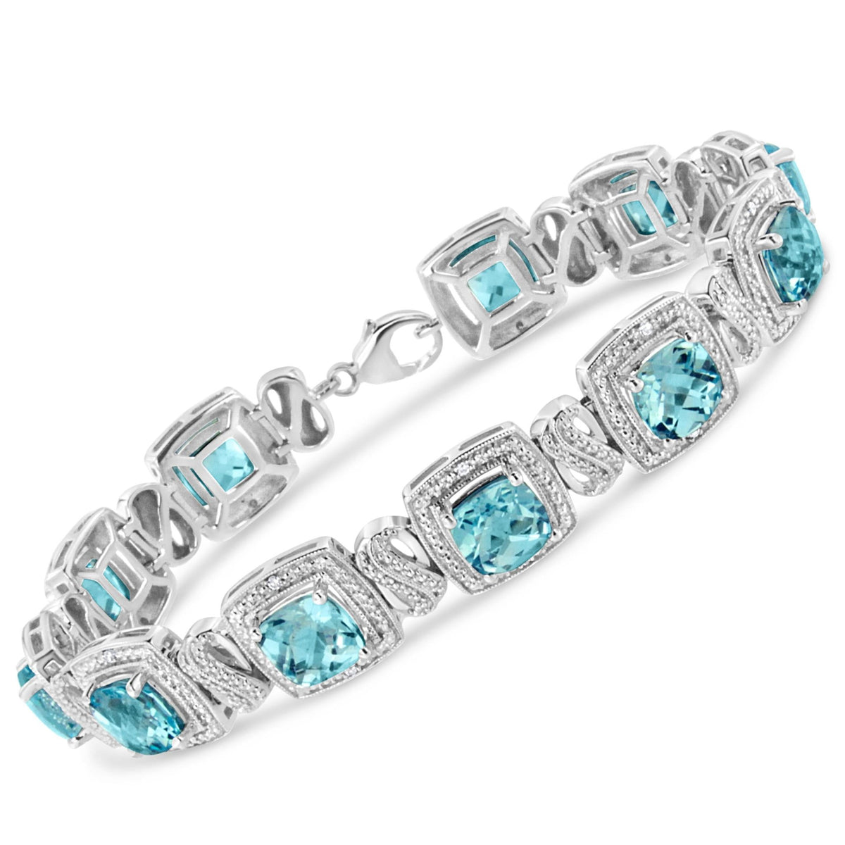 .925 Sterling Silver 7x7 mm Cushion Cut Blue Topaz and 1/10 Ctw Single Cut Diamond Square Shape Tennis Bracelet (I-J Color, I1-I2 Clarity) - 7&quot; - LinkagejewelrydesignLinkagejewelrydesign