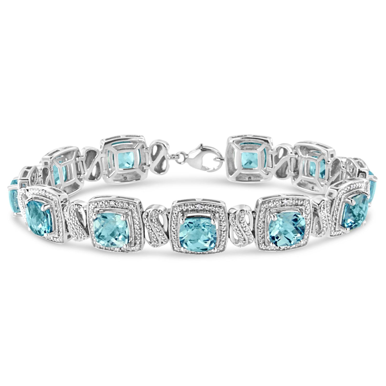 .925 Sterling Silver 7x7 mm Cushion Cut Blue Topaz and 1/10 Ctw Single Cut Diamond Square Shape Tennis Bracelet (I-J Color, I1-I2 Clarity) - 7" - LinkagejewelrydesignLinkagejewelrydesign