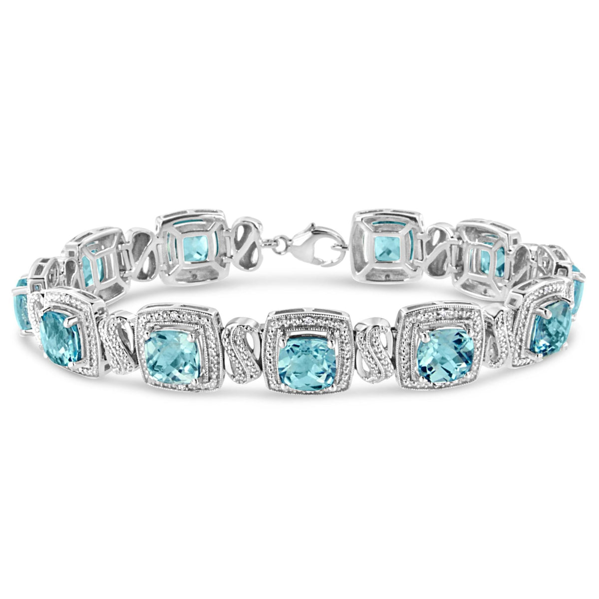 .925 Sterling Silver 7x7 mm Cushion Cut Blue Topaz and 1/10 Ctw Single Cut Diamond Square Shape Tennis Bracelet (I-J Color, I1-I2 Clarity) - 7&quot; - LinkagejewelrydesignLinkagejewelrydesign