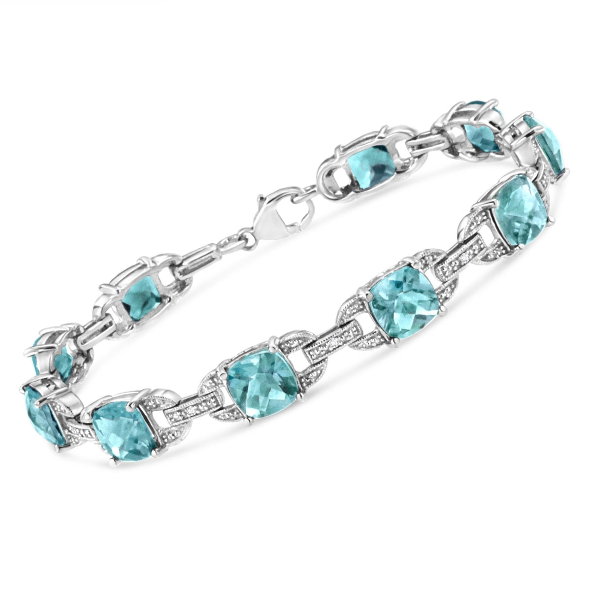 .925 Sterling Silver 7x7 mm Cushion Cut Blue Topaz and 1/20 cttw Round Cut Diamond Fashion Tennis Bracelet (I-J Color, I1-I2 Clarity) - 7&quot; - LinkagejewelrydesignLinkagejewelrydesign