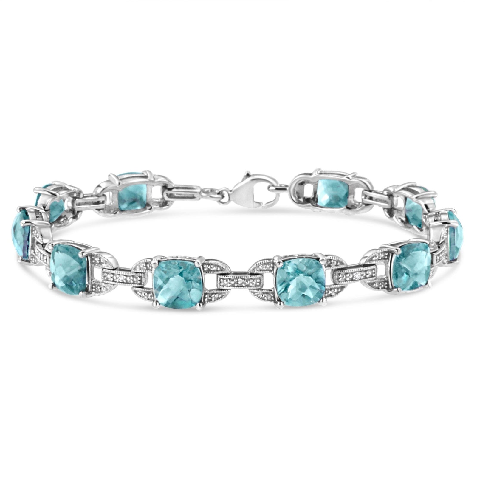 .925 Sterling Silver 7x7 mm Cushion Cut Blue Topaz and 1/20 cttw Round Cut Diamond Fashion Tennis Bracelet (I-J Color, I1-I2 Clarity) - 7" - LinkagejewelrydesignLinkagejewelrydesign