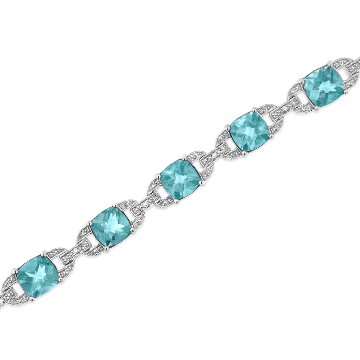 .925 Sterling Silver 7x7 mm Cushion Cut Blue Topaz and 1/20 cttw Round Cut Diamond Fashion Tennis Bracelet (I-J Color, I1-I2 Clarity) - 7&quot; - LinkagejewelrydesignLinkagejewelrydesign