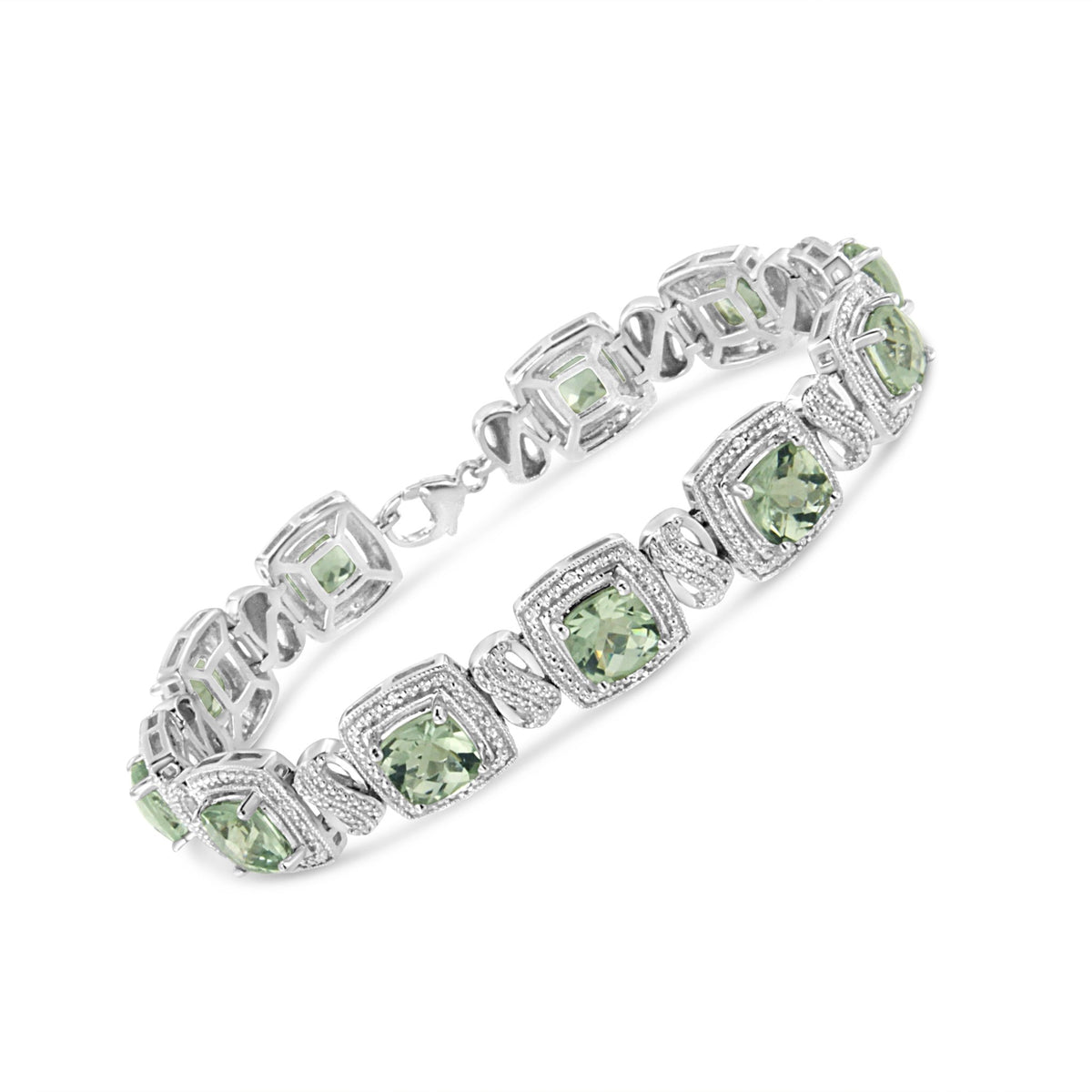 .925 Sterling Silver 7x7 mm Cushion Cut Green Amethyst and 1/10 cttw Single Cut Diamond Square Shape Tennis Bracelet (I-J Color, I1-I2 Clarity) - 7&quot; - LinkagejewelrydesignLinkagejewelrydesign